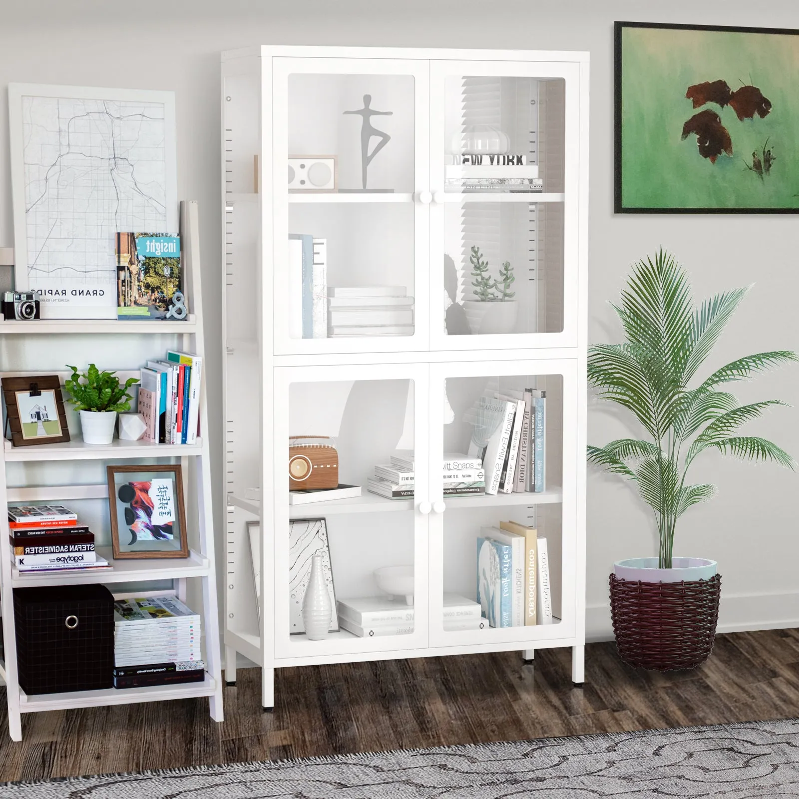 White Steel Sideboard Cabinet with Four Glass Doors - Adjustable Shelves for Elegant Living Room and Kitchen Storage