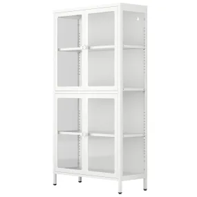 White Steel Sideboard Cabinet with Four Glass Doors - Adjustable Shelves for Elegant Living Room and Kitchen Storage