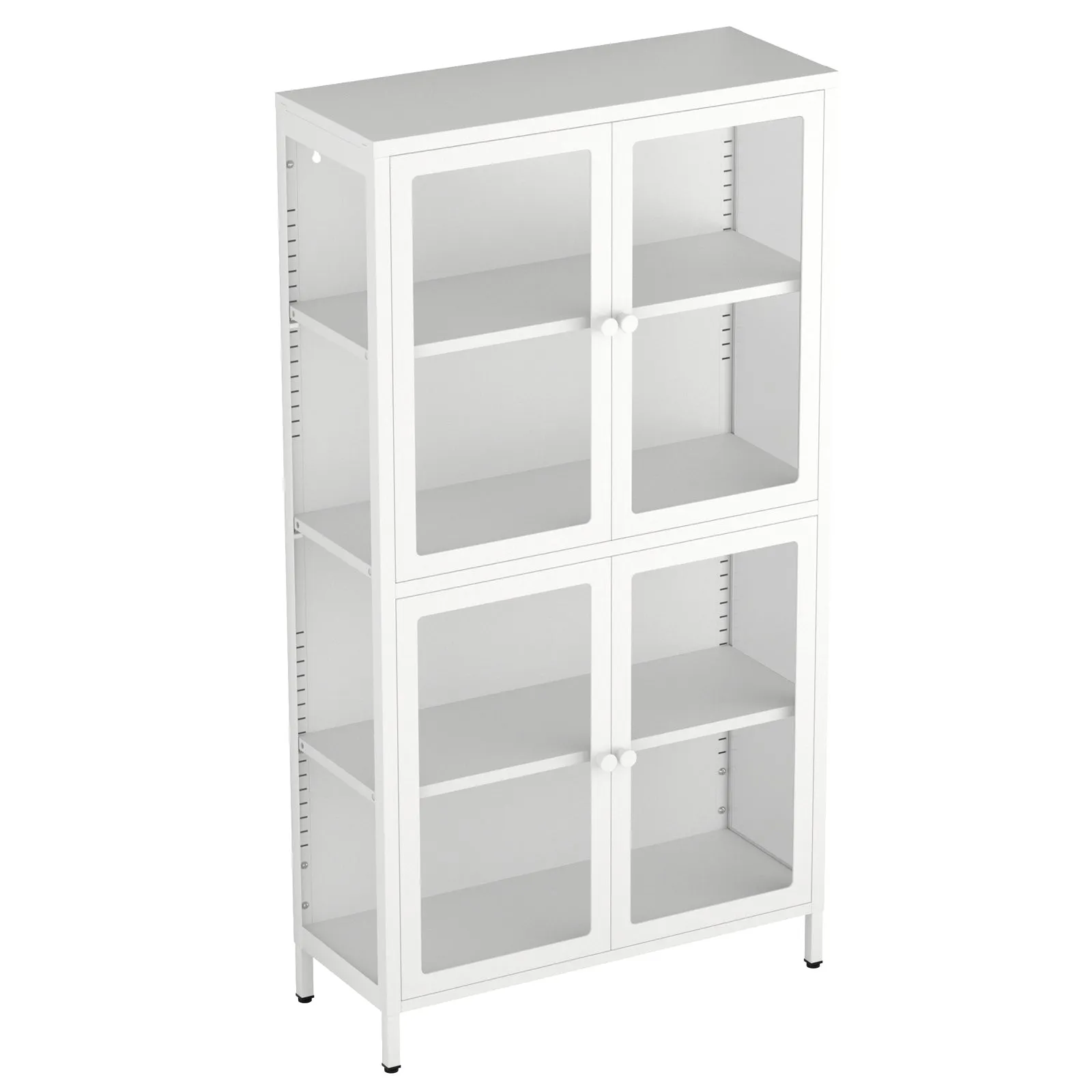 White Steel Sideboard Cabinet with Four Glass Doors - Adjustable Shelves for Elegant Living Room and Kitchen Storage