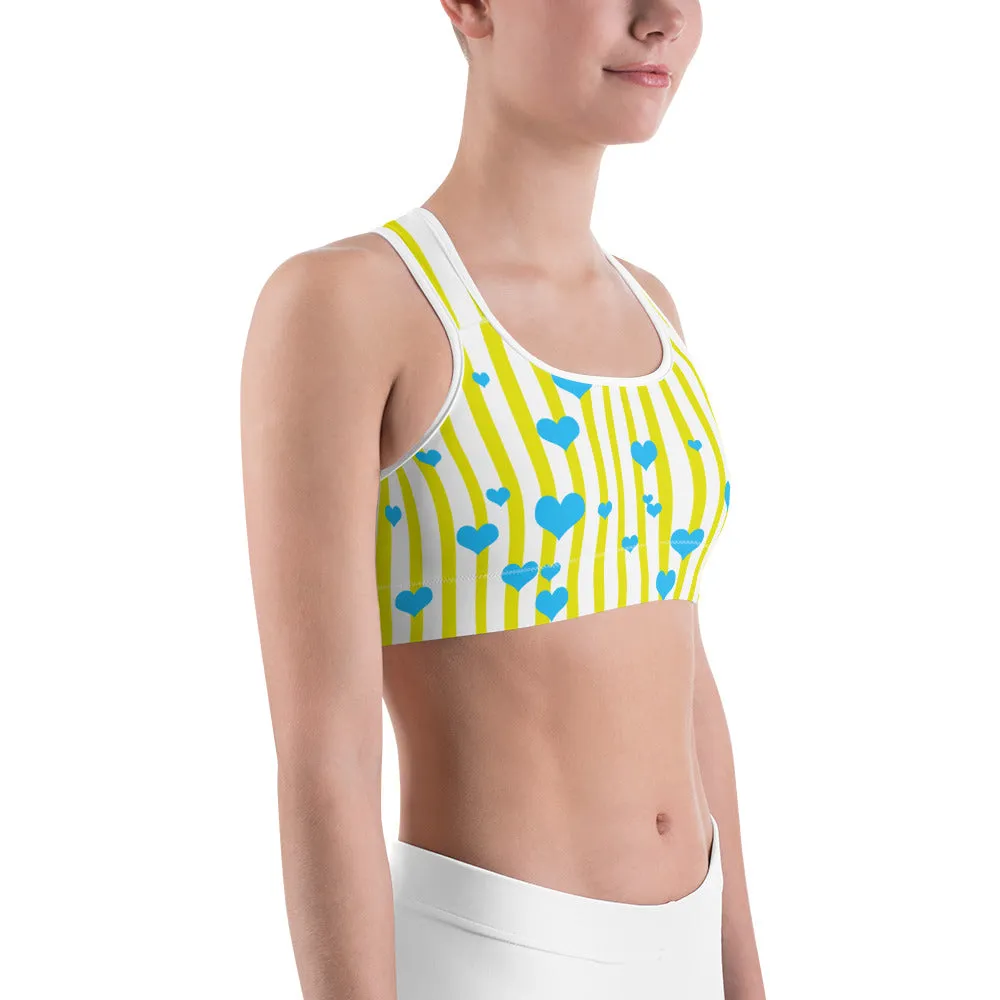 Yellow Blue Sports Bra, Colorful Vertical Stripe Women's Workout Best Unpadded Sports Bra - Made in USA/EU