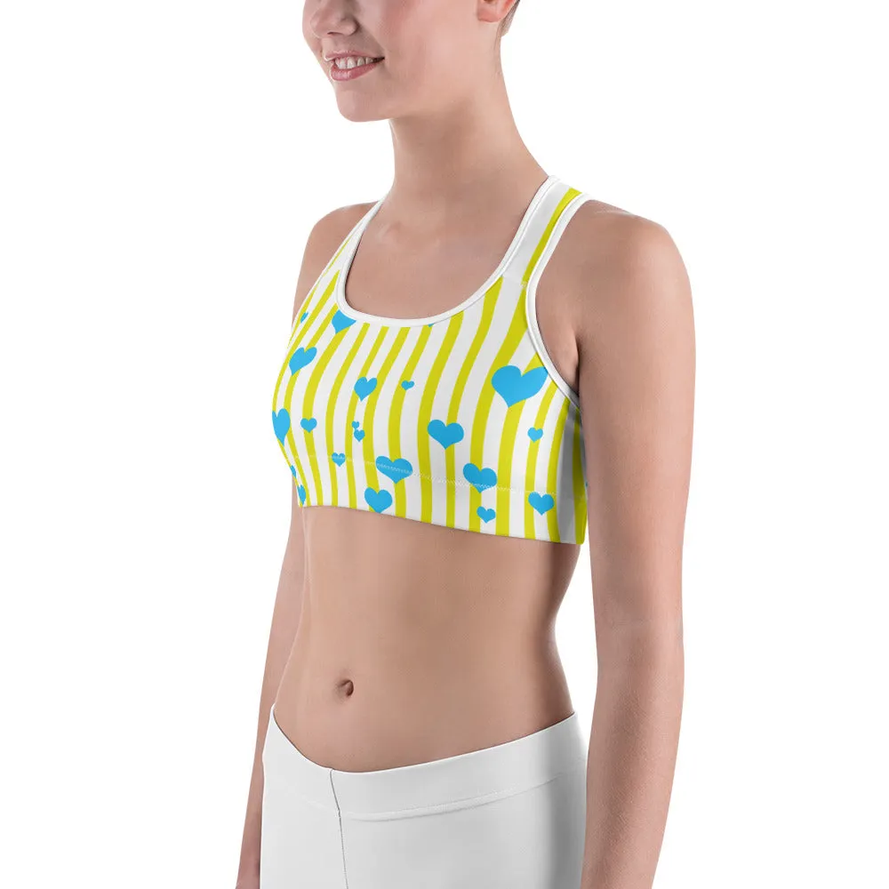Yellow Blue Sports Bra, Colorful Vertical Stripe Women's Workout Best Unpadded Sports Bra - Made in USA/EU