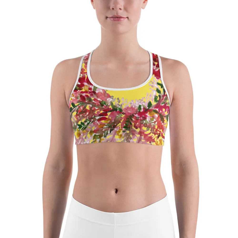 Yellow Flower Unpadded Sports Bra, Red Fall Floral Print Women's Sports Bra- Made in USA (US Size: XS-2XL)
