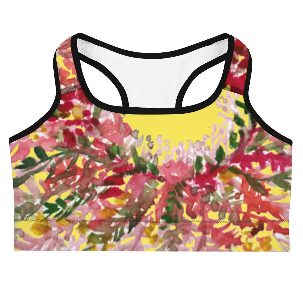 Yellow Flower Unpadded Sports Bra, Red Fall Floral Print Women's Sports Bra- Made in USA (US Size: XS-2XL)