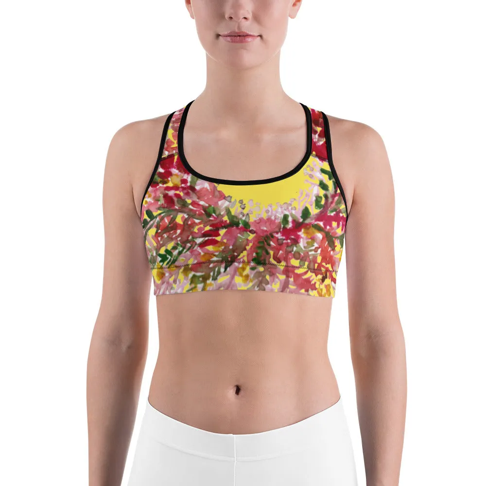 Yellow Flower Unpadded Sports Bra, Red Fall Floral Print Women's Sports Bra- Made in USA (US Size: XS-2XL)