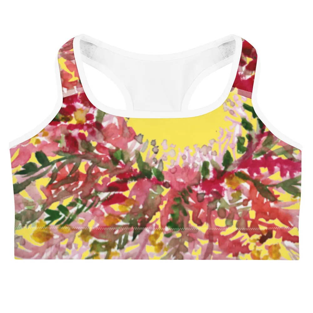 Yellow Flower Unpadded Sports Bra, Red Fall Floral Print Women's Sports Bra- Made in USA (US Size: XS-2XL)