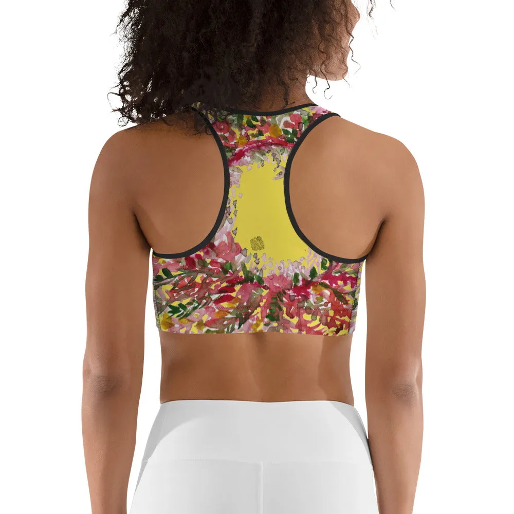 Yellow Flower Unpadded Sports Bra, Red Fall Floral Print Women's Sports Bra- Made in USA (US Size: XS-2XL)