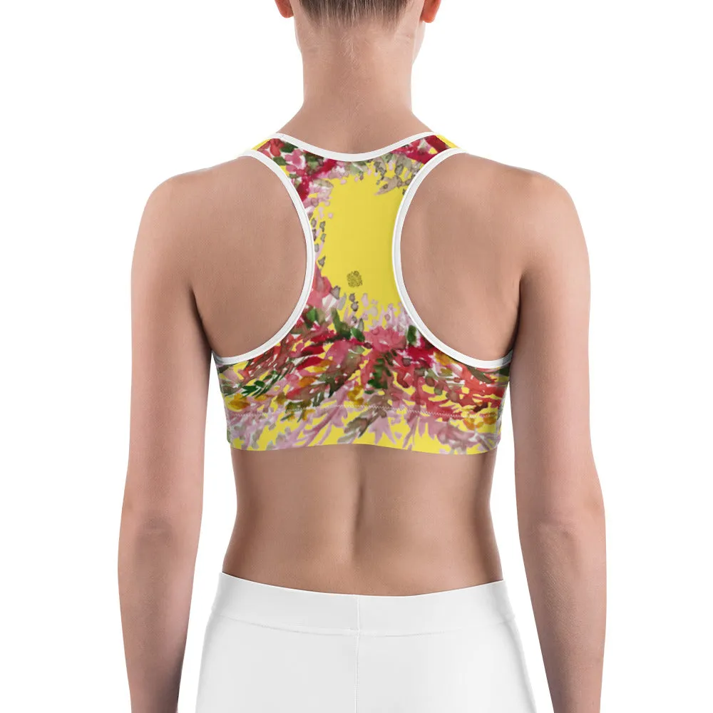 Yellow Flower Unpadded Sports Bra, Red Fall Floral Print Women's Sports Bra- Made in USA (US Size: XS-2XL)