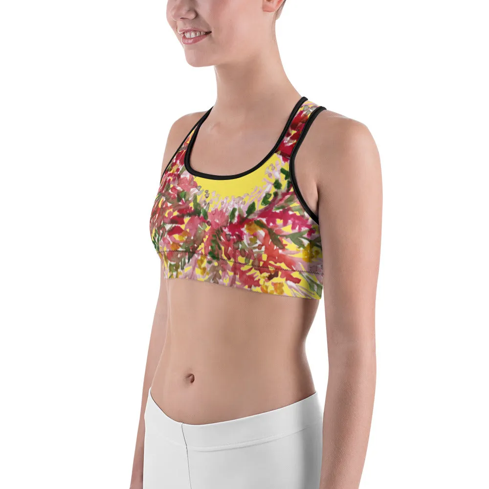 Yellow Flower Unpadded Sports Bra, Red Fall Floral Print Women's Sports Bra- Made in USA (US Size: XS-2XL)