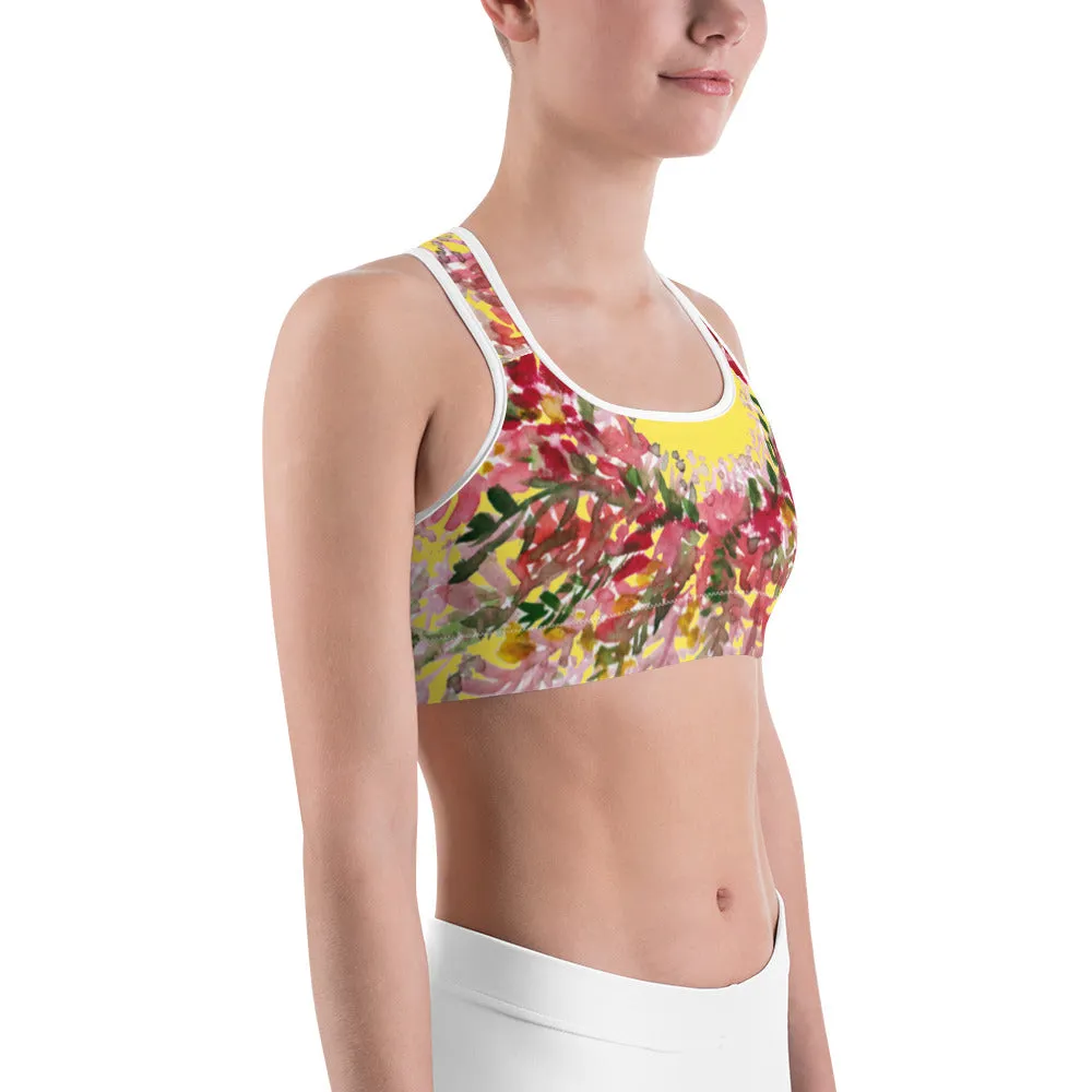 Yellow Flower Unpadded Sports Bra, Red Fall Floral Print Women's Sports Bra- Made in USA (US Size: XS-2XL)