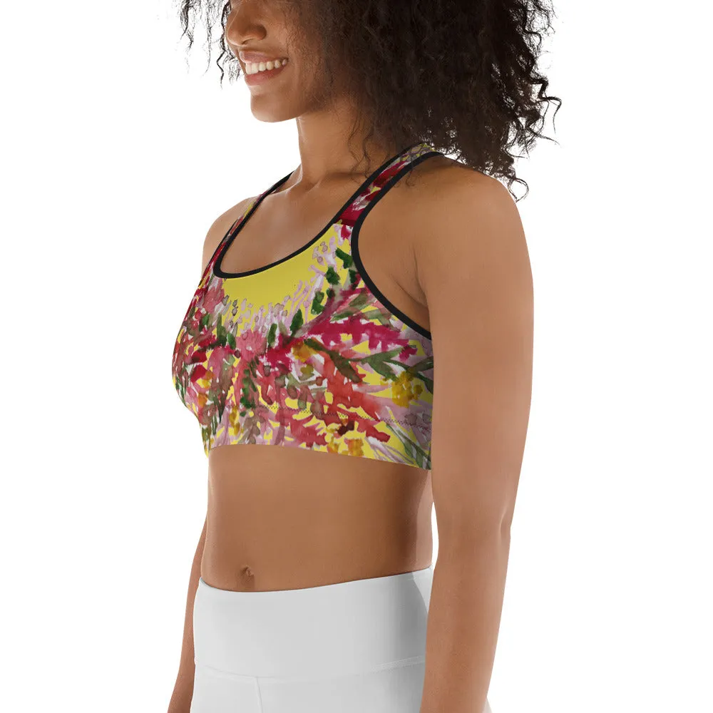 Yellow Flower Unpadded Sports Bra, Red Fall Floral Print Women's Sports Bra- Made in USA (US Size: XS-2XL)