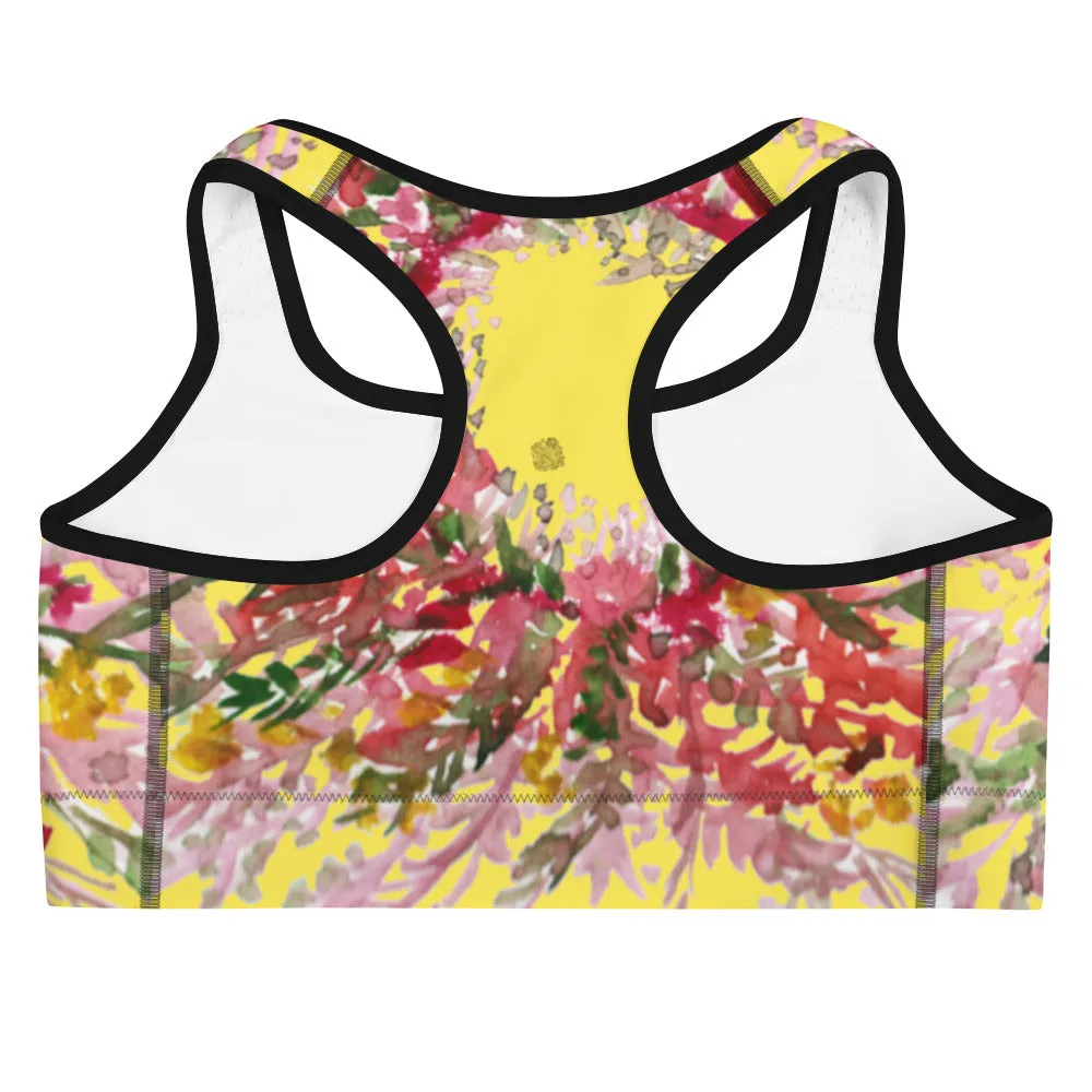 Yellow Flower Unpadded Sports Bra, Red Fall Floral Print Women's Sports Bra- Made in USA (US Size: XS-2XL)