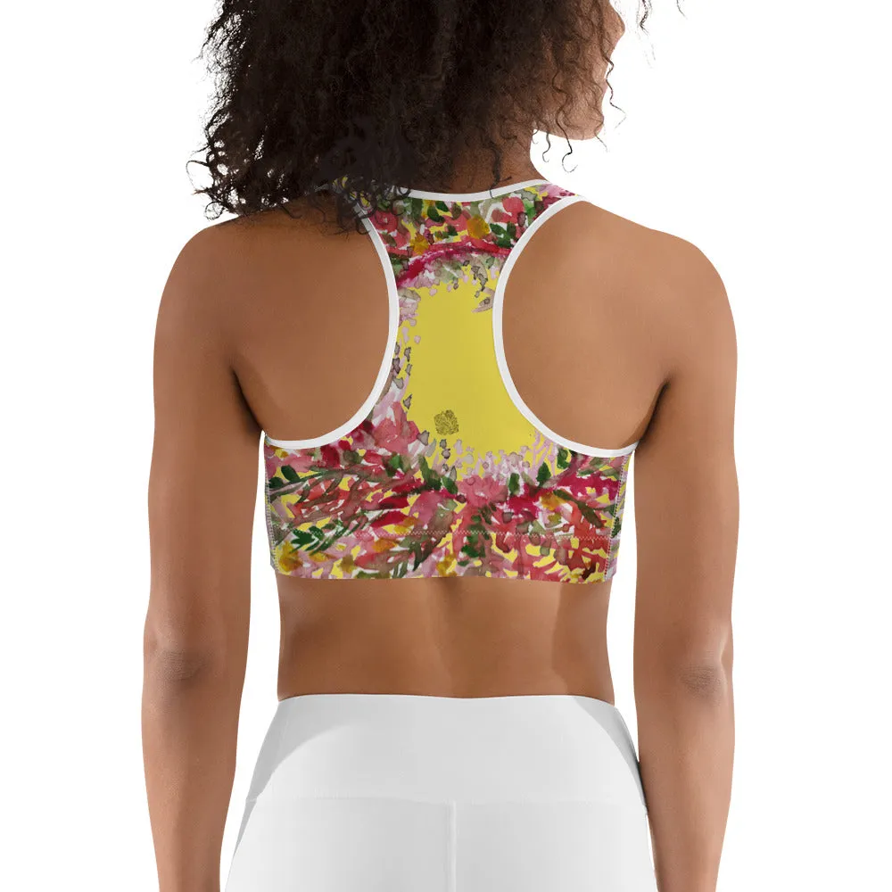 Yellow Flower Unpadded Sports Bra, Red Fall Floral Print Women's Sports Bra- Made in USA (US Size: XS-2XL)