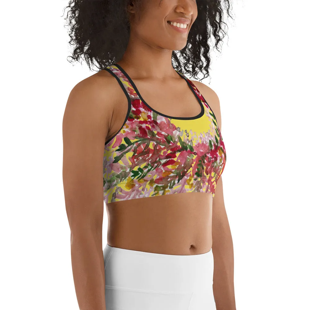 Yellow Flower Unpadded Sports Bra, Red Fall Floral Print Women's Sports Bra- Made in USA (US Size: XS-2XL)