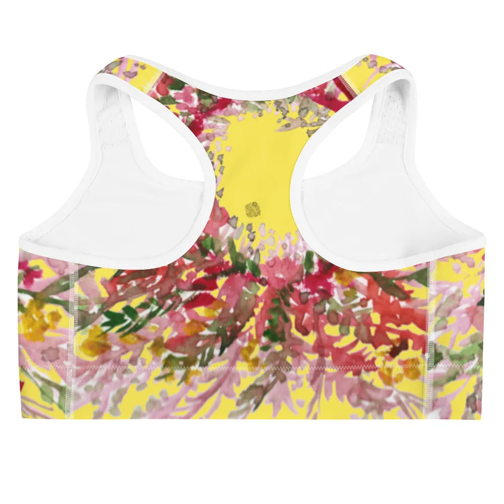 Yellow Flower Unpadded Sports Bra, Red Fall Floral Print Women's Sports Bra- Made in USA (US Size: XS-2XL)