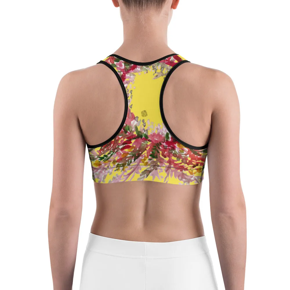 Yellow Flower Unpadded Sports Bra, Red Fall Floral Print Women's Sports Bra- Made in USA (US Size: XS-2XL)
