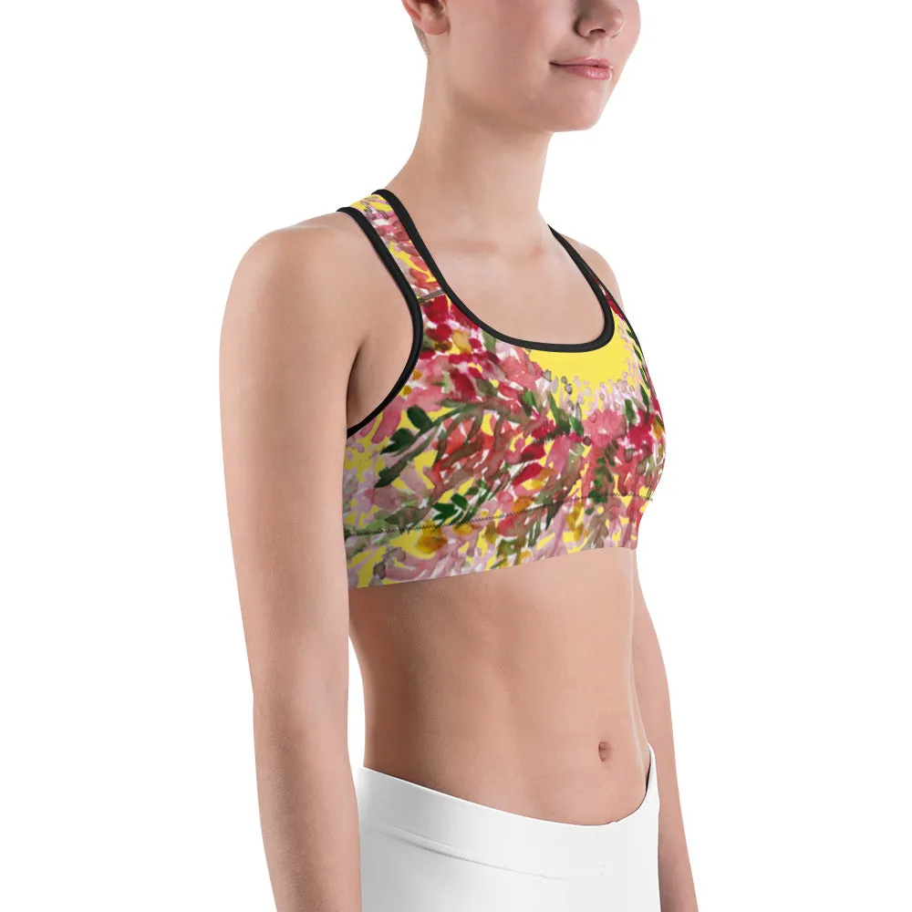 Yellow Flower Unpadded Sports Bra, Red Fall Floral Print Women's Sports Bra- Made in USA (US Size: XS-2XL)