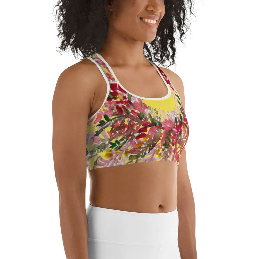Yellow Flower Unpadded Sports Bra, Red Fall Floral Print Women's Sports Bra- Made in USA (US Size: XS-2XL)
