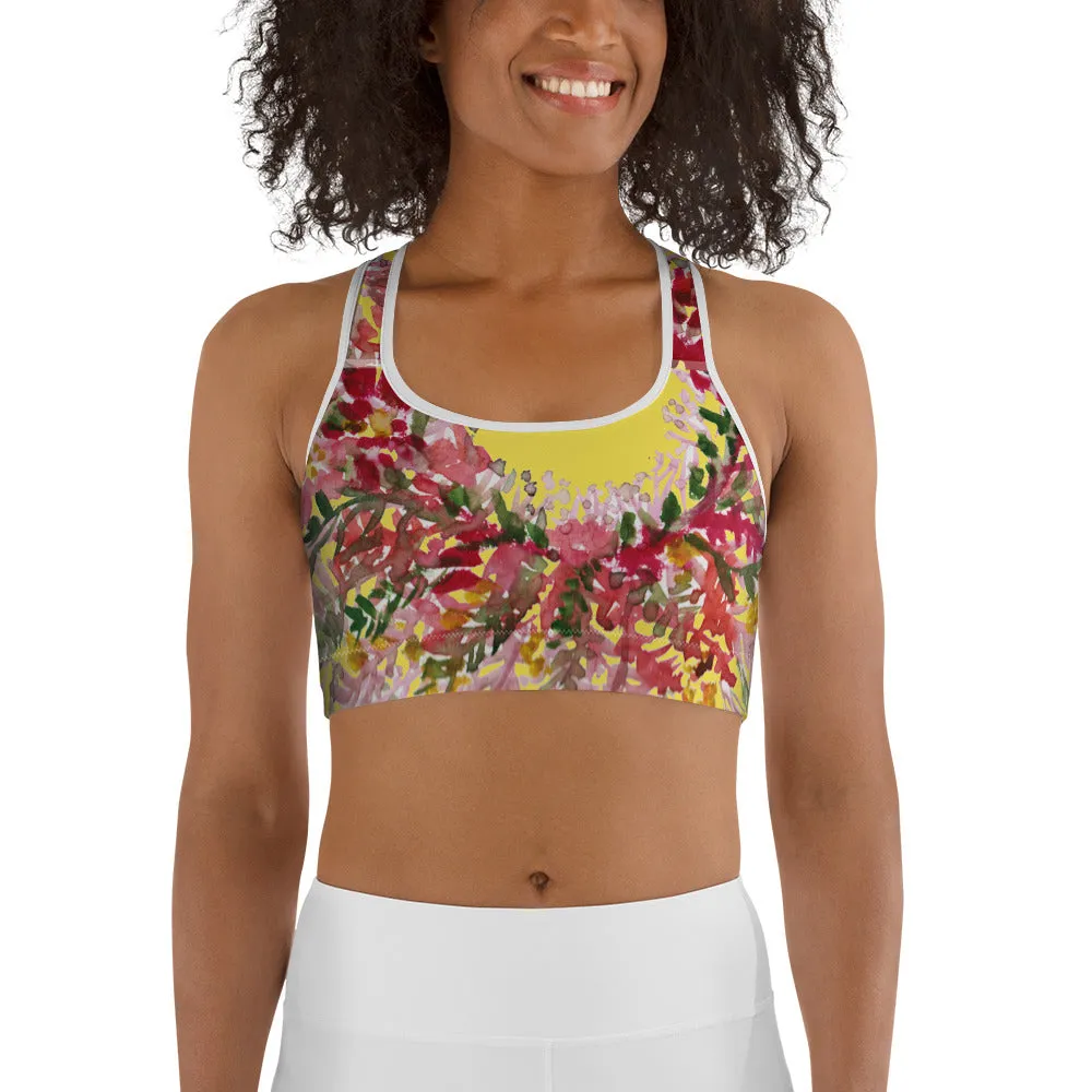 Yellow Flower Unpadded Sports Bra, Red Fall Floral Print Women's Sports Bra- Made in USA (US Size: XS-2XL)