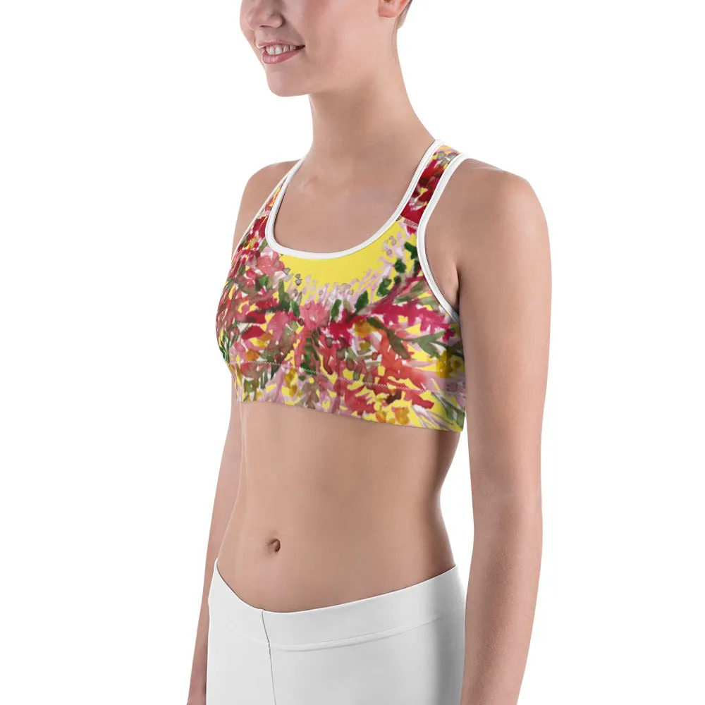 Yellow Flower Unpadded Sports Bra, Red Fall Floral Print Women's Sports Bra- Made in USA (US Size: XS-2XL)