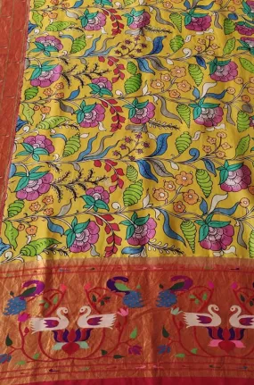 Yellow Pen Kalamkari Paithani Pure Silk Muniya Border Dupatta