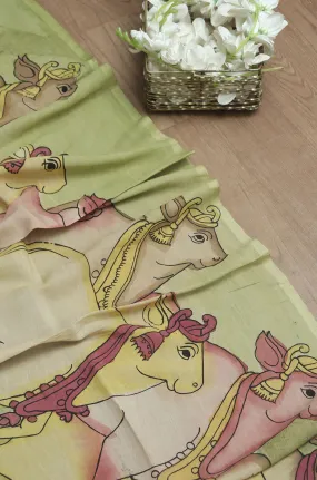 Yellow Pen Kalamkari Pure Silk Dupatta