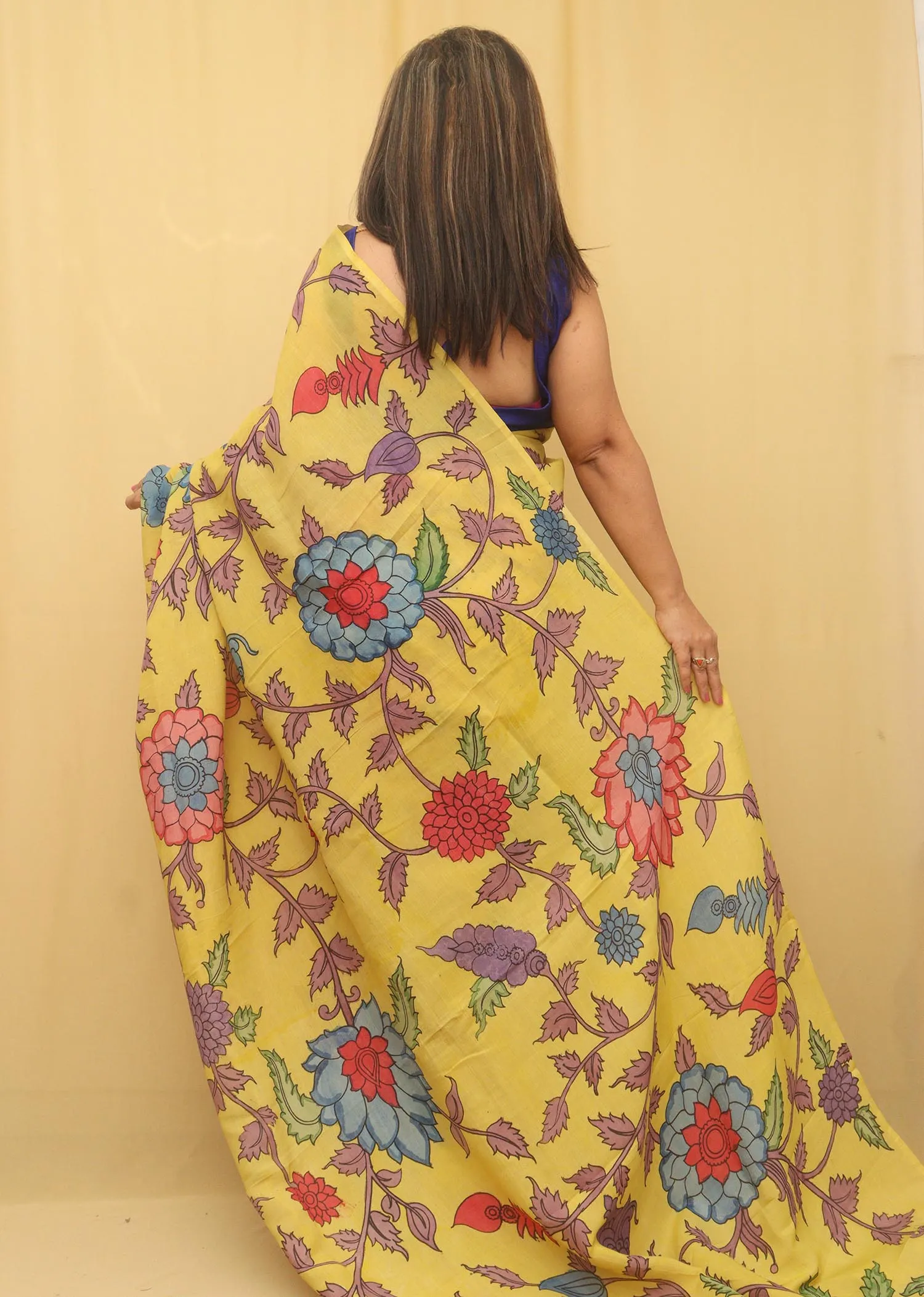 Yellow Pen Kalamkari Pure Silk Saree