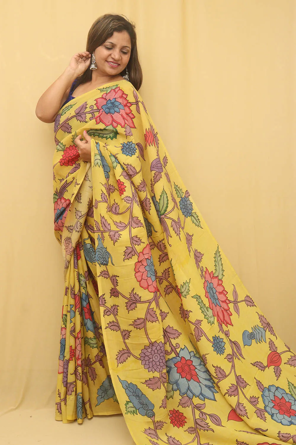Yellow Pen Kalamkari Pure Silk Saree