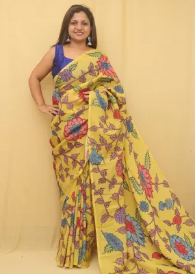 Yellow Pen Kalamkari Pure Silk Saree