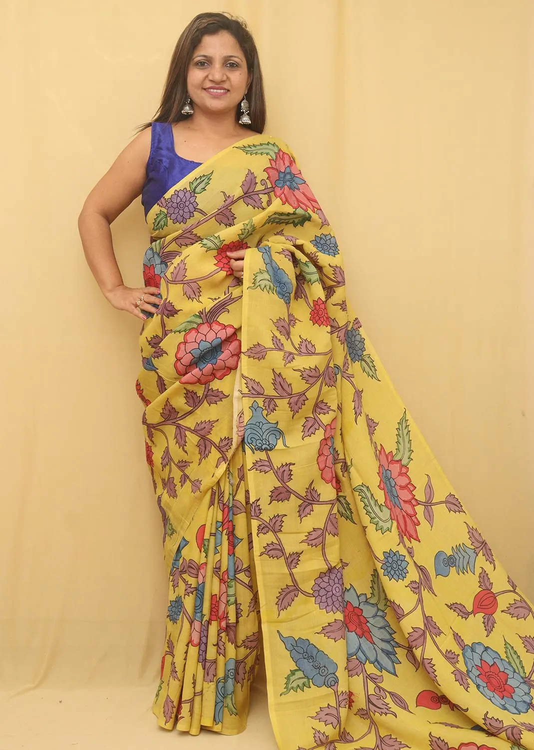 Yellow Pen Kalamkari Pure Silk Saree