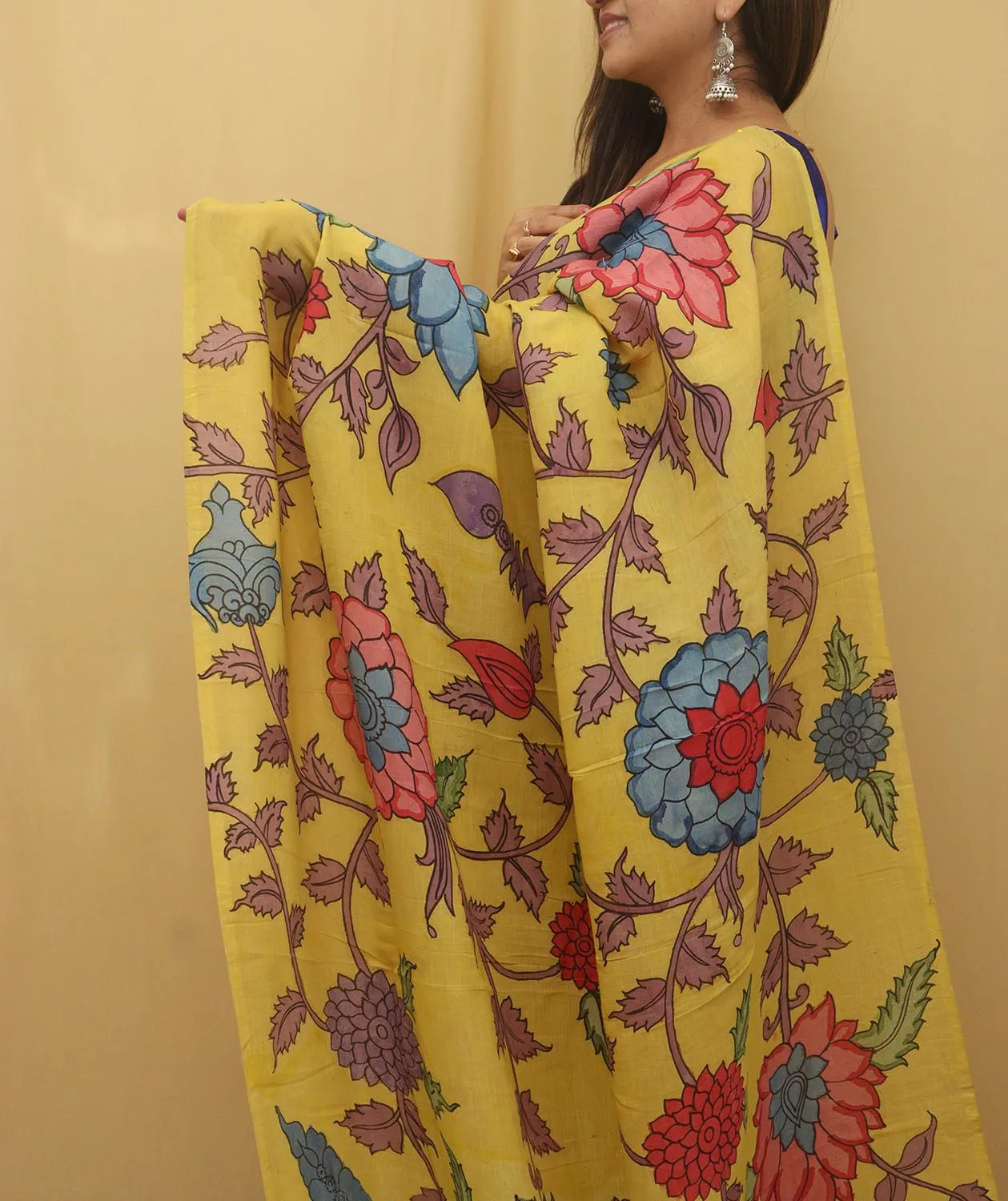 Yellow Pen Kalamkari Pure Silk Saree