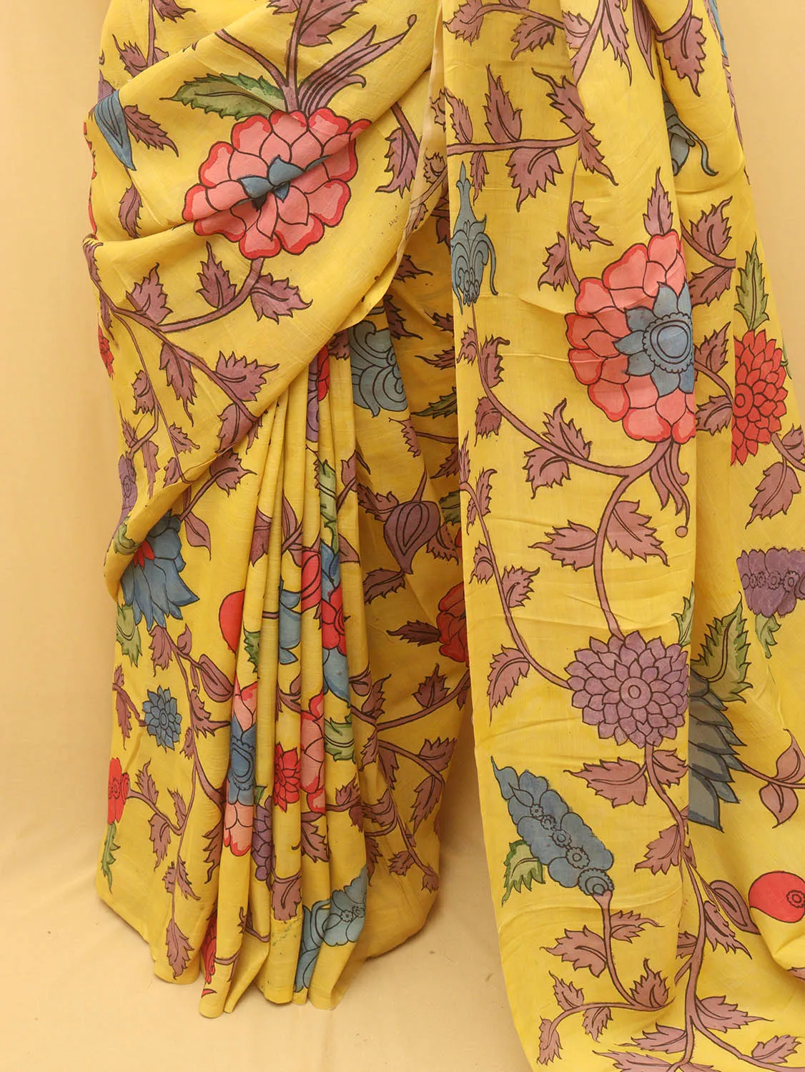 Yellow Pen Kalamkari Pure Silk Saree